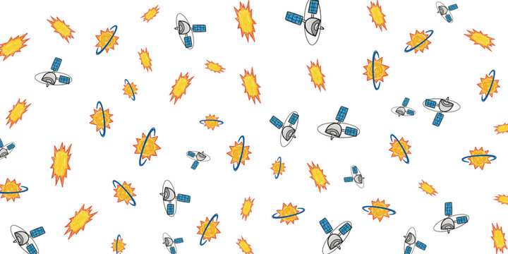 Cosmic explosion and orbiting satellites in a seamless white background pattern