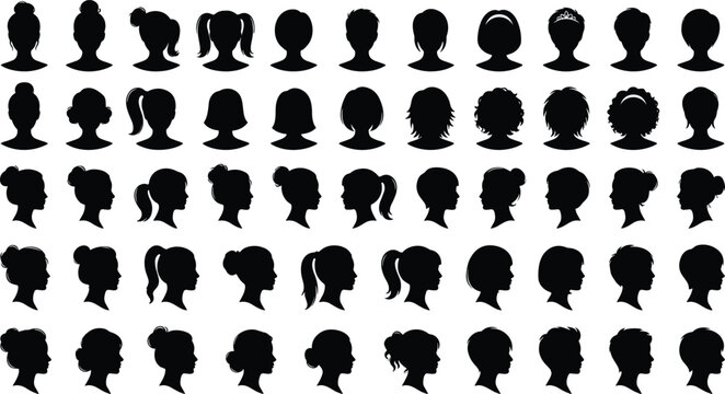 Women hairstyle silhouette collection with female head profiles and modern haircuts isolated on light background for beauty design