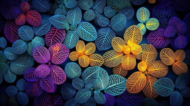 Top down close-up of tropical leaves with color gradient: magenta fuchsia on left transitioning to orange on right, purple interspersed, clear parallel veins.