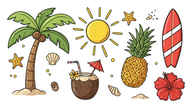 Tropical summer vacation items palm tree sun pineapple surfboard for beach holiday.