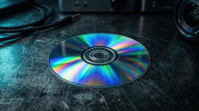 Single compact disc with iridescent rainbow reflections on a dark textured surface with blurred background, technology