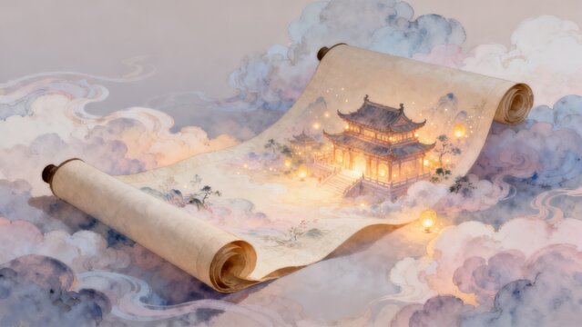Scroll with glowing traditional building in clouds