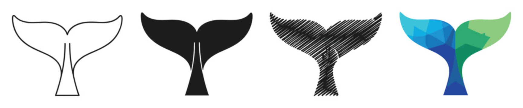 Whale tail icons in outline solid scribble geometric forms for marine ocean themes