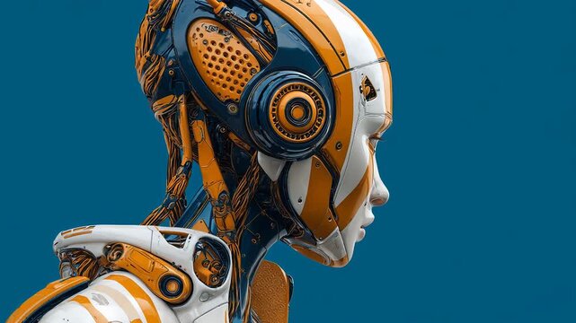 Female humanoid AI robot, sleek metallic design, neutral expression, studio background