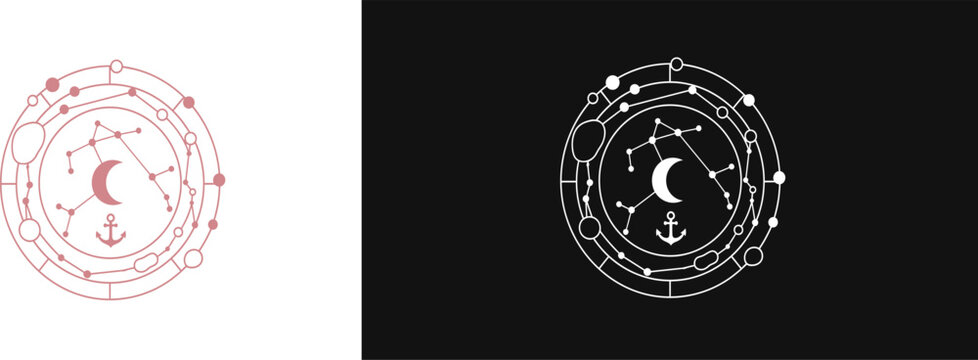 Minimalist circular celestial emblem with moon, stars, and anchor symbol for nautical astrology design