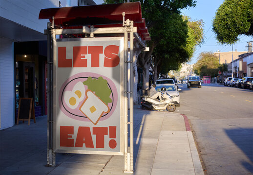 Bus Stop Shelter in San Francisco, California, U.S.A. PSD template Mockup AD panel.