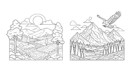 Fototapeta premium Vector illustration of two landscape scenes with mountains and trees