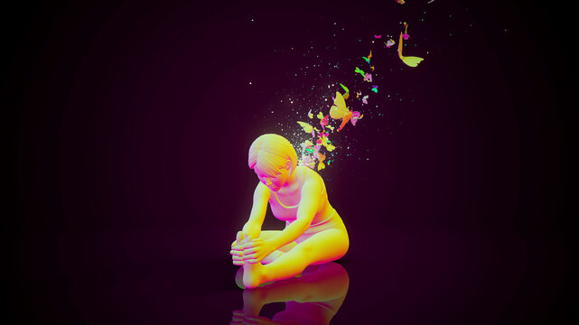 Conceptual 3D illustration of a woman practicing yoga janu sirsasana with flying butterflies