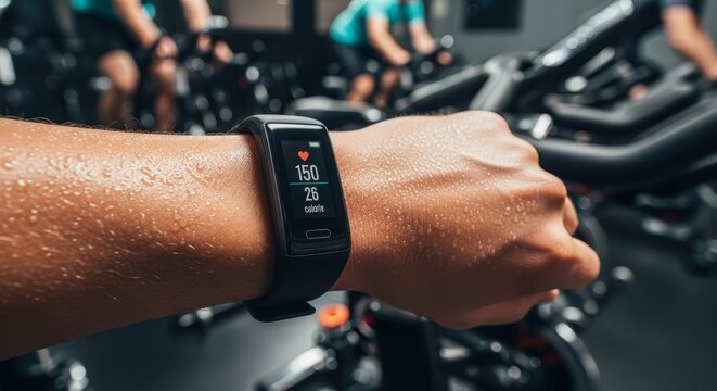 Close-up of a fitness tracker on a sweaty wrist displaying heart rate and exercise data during a gym workout.