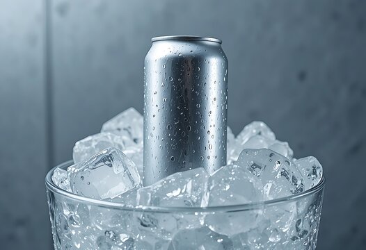 Cold metal soda can sitting in a glass bowl full of fresh ice cubes. lata refresco