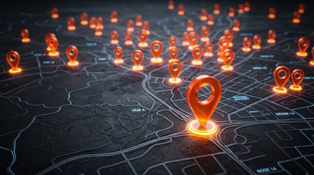 Numerous glowing orange map pins marking multiple locations on a dark digital global navigation network map