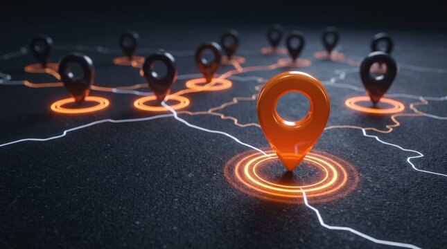 Prominently glowing orange map pin highlighting a specific location on a dark digital navigation route map with pinpoint