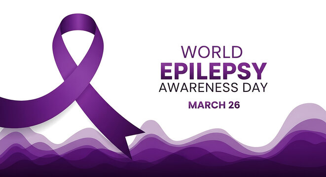 Purple epilepsy awareness ribbon with medical wave design for world epilepsy day campaign