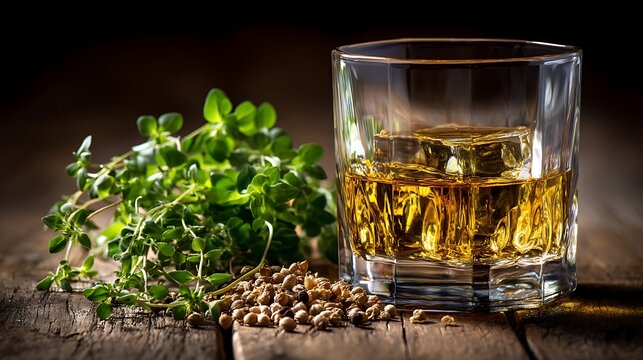 Whiskey Glass with Ice and Fresh Herbs on Rustic Wooden Surface