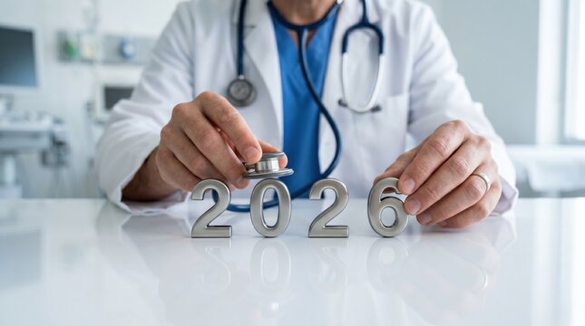 Doctor's hands arranging silver metallic numbers 2020 on white table in medical setting with healthcare, stethoscope