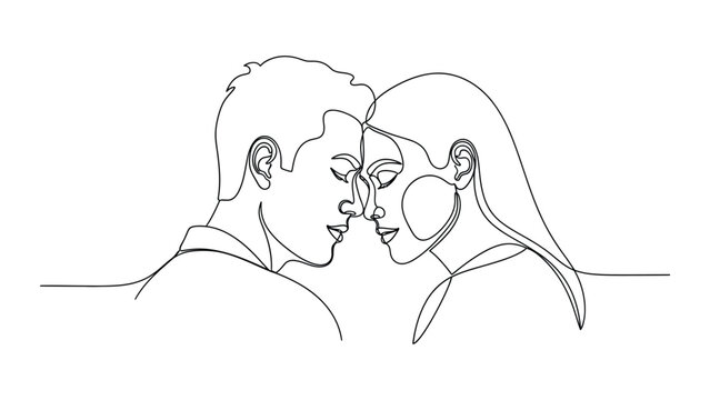 Continuous one line drawing of a romantic couple touching foreheads.
