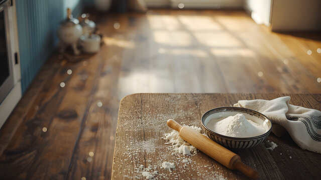 Baking ingredients with flour and a rolling pin on a wooden table