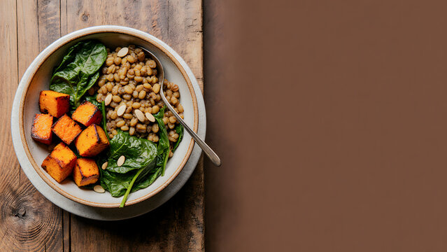 Healthy lentil salad with spinach and seeds in a white bowl