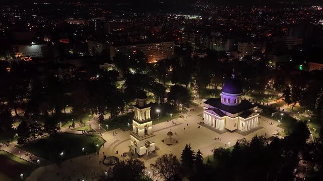 Night aerial view of Cathedral Bell Tower and Nativity Cathedral in Chisinau Moldova