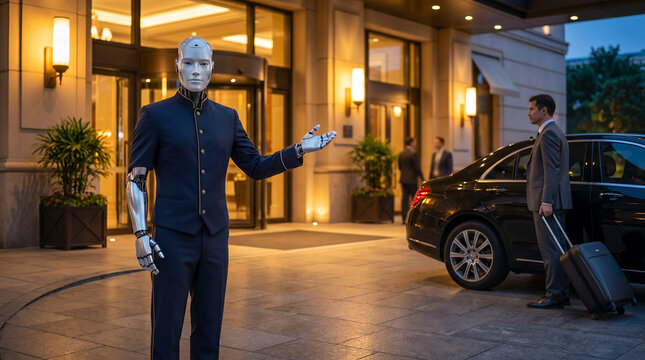 AI Robot Greeter Welcoming Guests at Luxury Hotel Entrance
