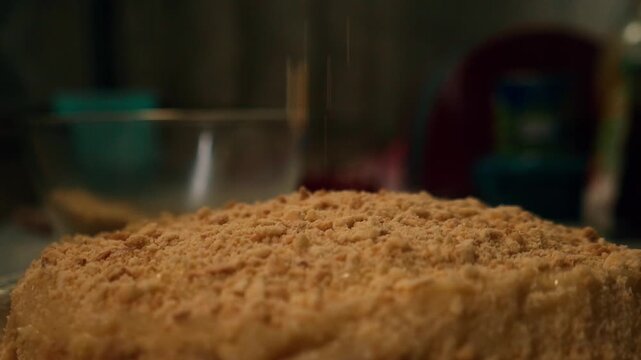 Close up slow motion video of custard dough preparation with flour starch sieve and rolling pin in detailed baking process in Full HD