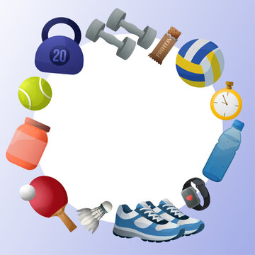 Round template with workout elements dumbbells, sneakers, and kettlebell Fitness and healthy lifestyle