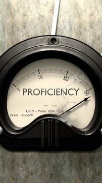 Proficiency meter showing big levels of proficiency. Dangerously increasing values of proficiency, critical overload. Too much, off the charts. Max proficiency