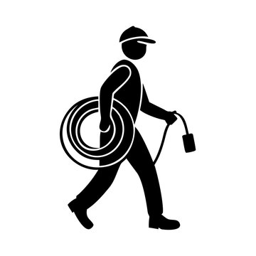 Black silhouette icon shows electrician wire spool for professional electrical service and skilled installation. Worker demonstrates electrician wire spool for repair or maintenance tasks.