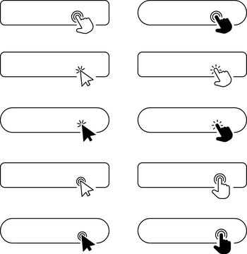 Click cursor button with hand pointer clicking set. Click here web button sign. Isolated website buy or register bar icon with clicking cursor collection
