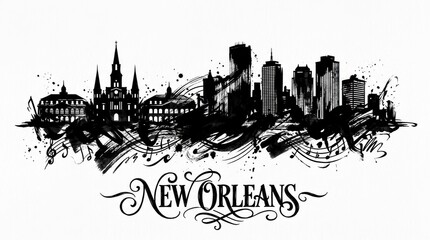 Fototapeta premium New Orleans skyline silhouette featuring St. Louis Cathedral and downtown towers, artistic black and white ink design, expressive lettering below reading 