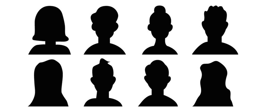 Vector flat illustration. Eight icons. Black silhouette of men and women. Avatar, user profile, person icon, profile picture. Suitable for social media profiles, icons, screensavers and as a template.