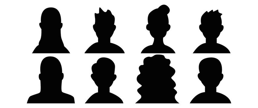 Vector flat illustration. Eight icons. Black silhouette of men and women. Avatar, user profile, person icon, profile picture. Suitable for social media profiles, icons, screensavers and as a template.