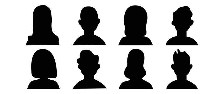 Vector flat illustration. Eight icons. Black silhouette of men and women. Avatar, user profile, person icon, profile picture. Suitable for social media profiles, icons, screensavers and as a template.