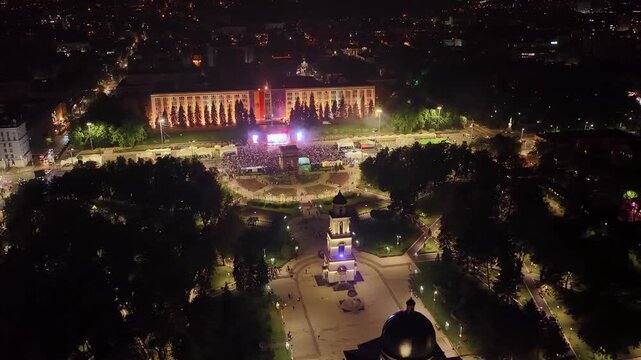 Night aerial view of concert near Chisinau Cathedral and Bell Tower in city center