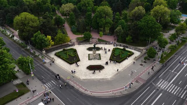Aerial push in toward Stephen the Great monument in Chisinau Moldova