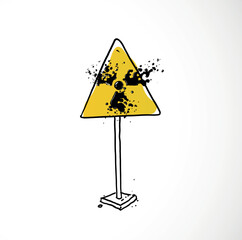 Hand-drawn radiation warning triangle road sign with black liquid splash effect inside yellow panel on a stand. Doodle vector illustration for nuclear hazard, danger poster and atomic themed design. © elinacious