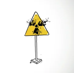 Hand-drawn radiation warning triangle road sign with black liquid splash effect inside yellow panel on a stand. Doodle vector illustration for nuclear hazard, danger poster and atomic themed design. © elinacious