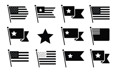 Vintage inspired flag day silhouettes american flags and stars on white background patriotic icons © Mausumi