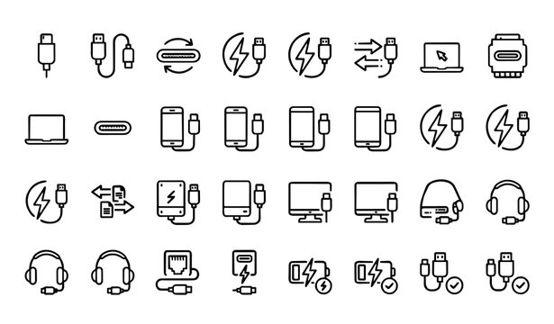 Universal USB Type-C Connectivity and Cable Icon Set: Minimalist Vector Illustrations of Charging Ports, Data Transfer Cables, and Modern Hardware Interface Symbols