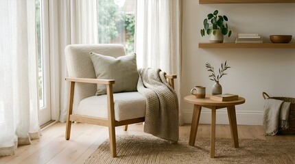 Fototapeta premium Cozy living room interior with armchair and decor
