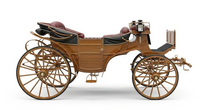 Elegant Vintage Horse-Drawn Carriage Isolated on White Background, Classic Luxury Phaeton, Historical Transportation