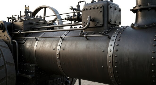 Detailed Close-up of Vintage Steam Traction Engine Boiler with Rivets, Industrial Mechanical Detail