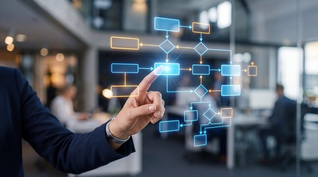 Workflow process programming streamline strategy software concept. A business professional interacting with digital flowchart technology in an office.