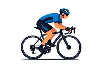 Fototapeta premium Male athlete in blue cycling kit and helmet riding a road bike on white background, illustrating sport, training, endurance, fitness and healthy active lifestyle for competition or recreation