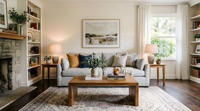 Cozy living room interior with neutral colors and modern d?cor.