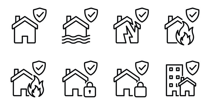 Home insurance and residential protection icon set. Isolated vector illustration of house safety symbols including fire, flood, theft, and earthquake damage coverage for insurance policy design.