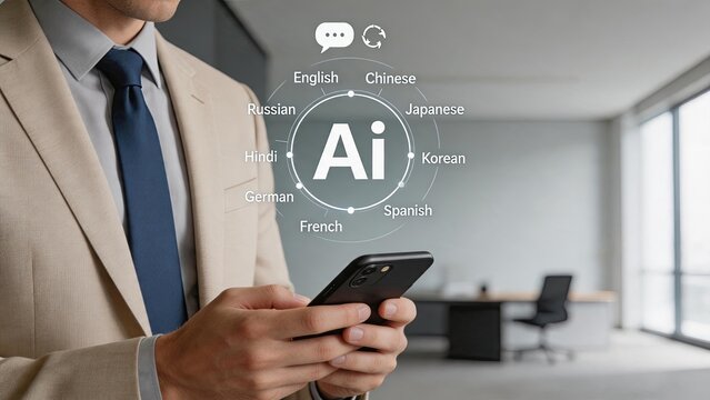 Man holding smartphone with artificial intelligence language translation app interface, displaying global languages like English, Chinese, Spanish for international communication
