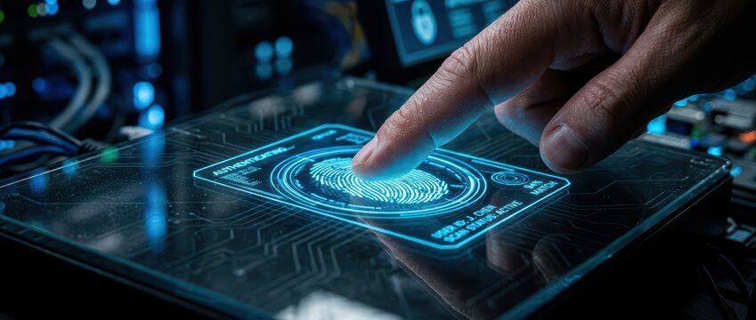 Human finger performing secure biometric authentication on glowing digital screen for data access.