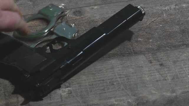 Putting a gun and handcuffs on a wooden table in a dark room