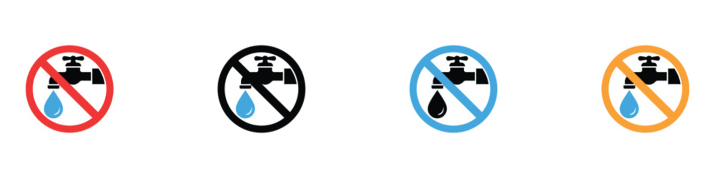 No water wasting and tap prohibition icon set for conservation. Isolated vector illustration of open faucet symbols for public restrooms, schools, and environmental awareness.